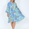 Caroline Morgan Collette Frill Sleeve Dress in Ocean Blue- Long Sleeved Dresses | Above Knee Dresses
