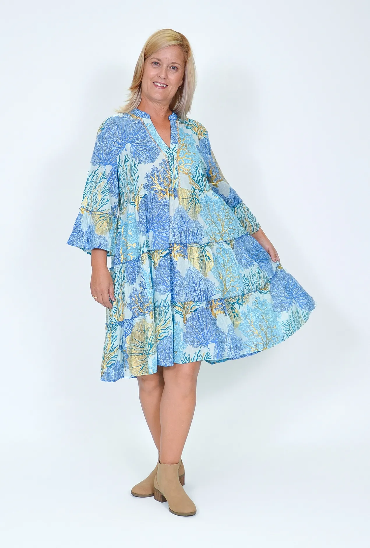 Caroline Morgan Collette Frill Sleeve Dress in Ocean Blue- Long Sleeved Dresses | Above Knee Dresses