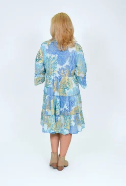 Caroline Morgan Collette Frill Sleeve Dress in Ocean Blue- Long Sleeved Dresses | Above Knee Dresses