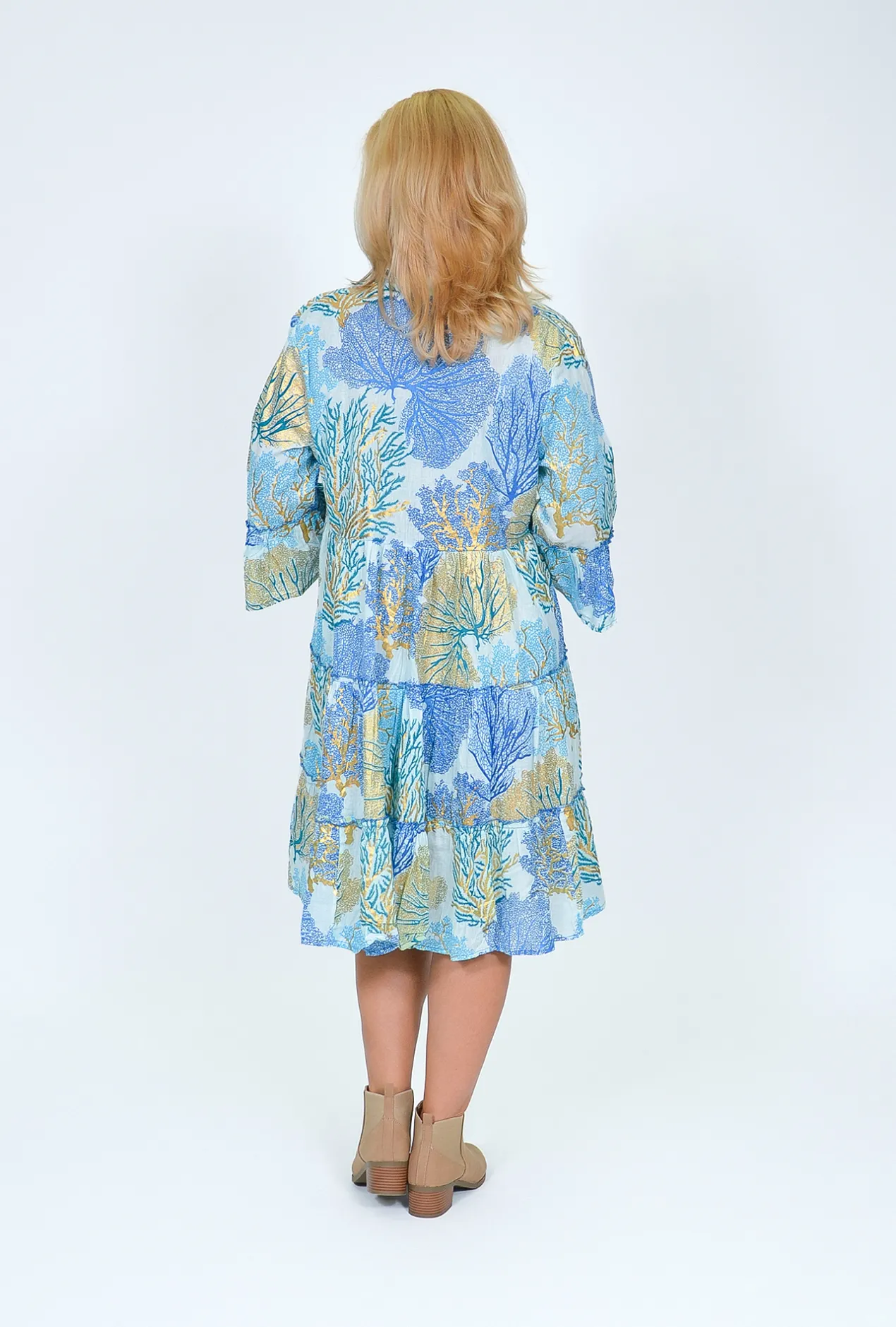 Caroline Morgan Collette Frill Sleeve Dress in Ocean Blue- Long Sleeved Dresses | Above Knee Dresses