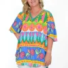 Orientique Crystal Rayon Short Sleeve Oversized Top in Multicolour- Short Sleeve Tops | Sleeved Dress
