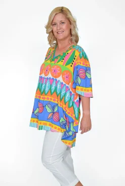 Orientique Crystal Rayon Short Sleeve Oversized Top in Multicolour- Short Sleeve Tops | Sleeved Dress