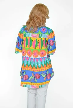 Orientique Crystal Rayon Short Sleeve Oversized Top in Multicolour- Short Sleeve Tops | Sleeved Dress