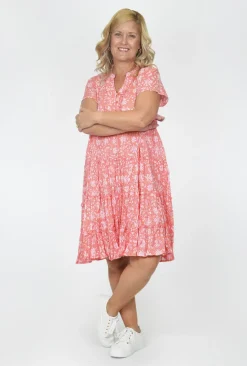 One Summer Cushla Frill Neck Cotton Dress In Peach- Knee Length Dresses | Cotton Dresses