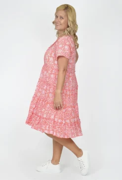 One Summer Cushla Frill Neck Cotton Dress In Peach- Knee Length Dresses | Cotton Dresses