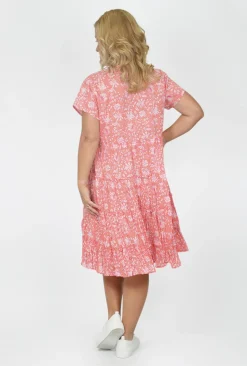 One Summer Cushla Frill Neck Cotton Dress In Peach- Knee Length Dresses | Cotton Dresses
