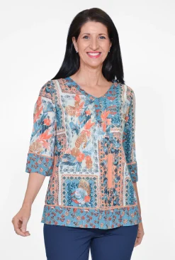 Orientique Davina Cotton 3/4 Sleeve Rayon Top in & Peach- Cotton Tops | 3/4 Sleeve Tops