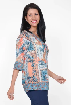 Orientique Davina Cotton 3/4 Sleeve Rayon Top in & Peach- Cotton Tops | 3/4 Sleeve Tops