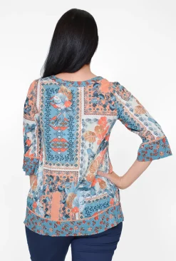 Orientique Davina Cotton 3/4 Sleeve Rayon Top in & Peach- Cotton Tops | 3/4 Sleeve Tops