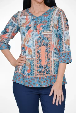 Orientique Davina Cotton 3/4 Sleeve Rayon Top in & Peach- Cotton Tops | 3/4 Sleeve Tops