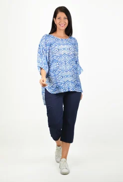 Caroline Morgan Dee Hi-low Hem Top in Blue Multi- Short Sleeve Tops | Sleeved Dress