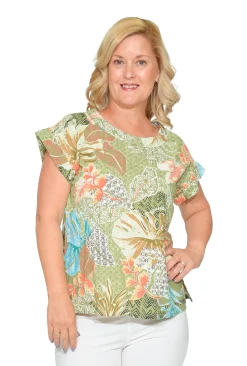 Orientique Destiny Organic Cotton Folded Neckline Top in Sage Green- Organic Cotton Clothing