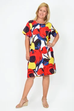 Caroline Morgan Dixie Short Sleeve Printed Shift Dress in Rose Bud Multi- Knee Length Dresses | Short Sleeved Dresses