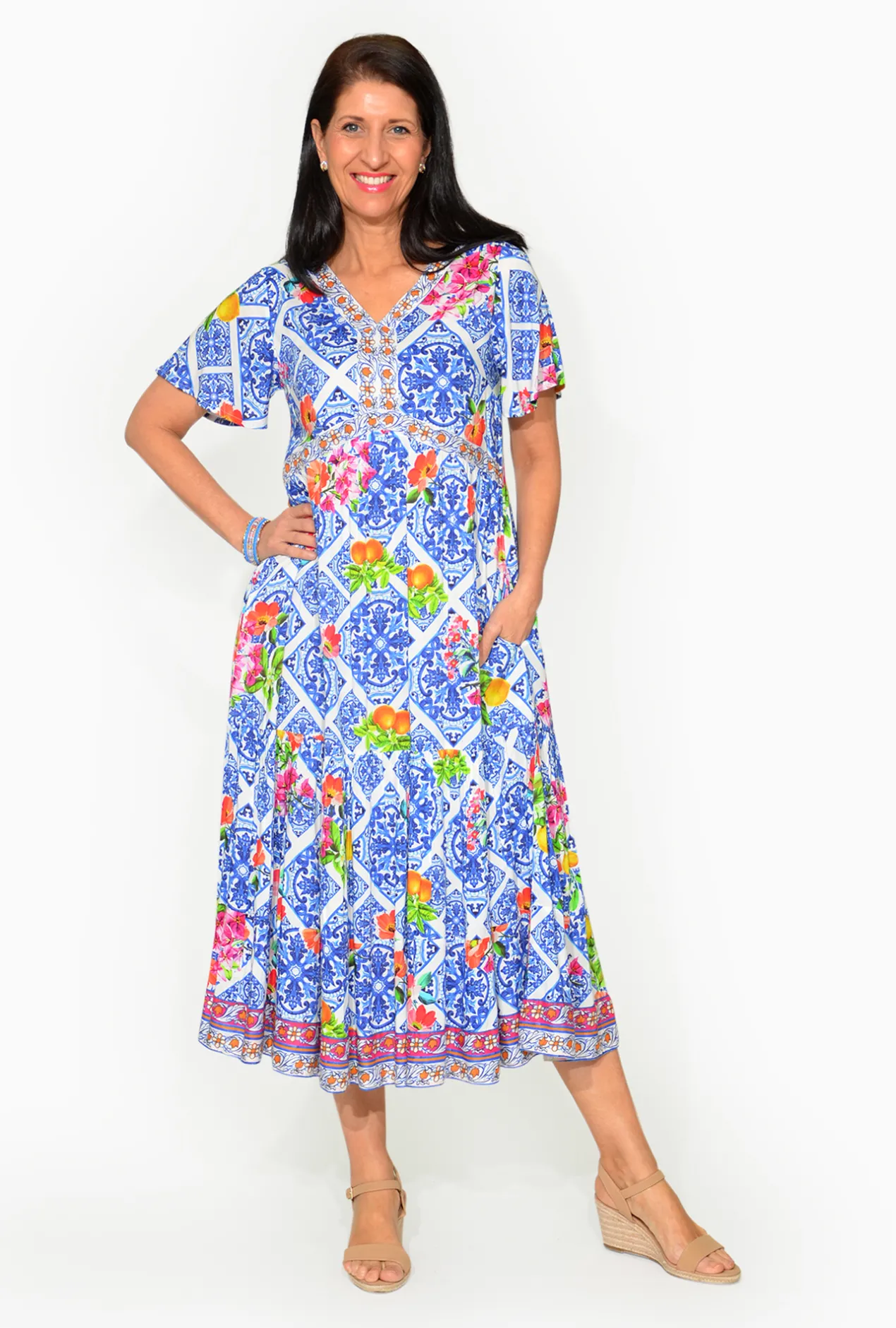 Escape Drew Rayon Short Sleeve Maxi Dress in Blue- Short Sleeved Dresses | Maxi Dresses