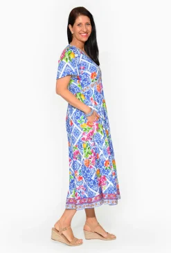 Escape Drew Rayon Short Sleeve Maxi Dress in Blue- Short Sleeved Dresses | Maxi Dresses