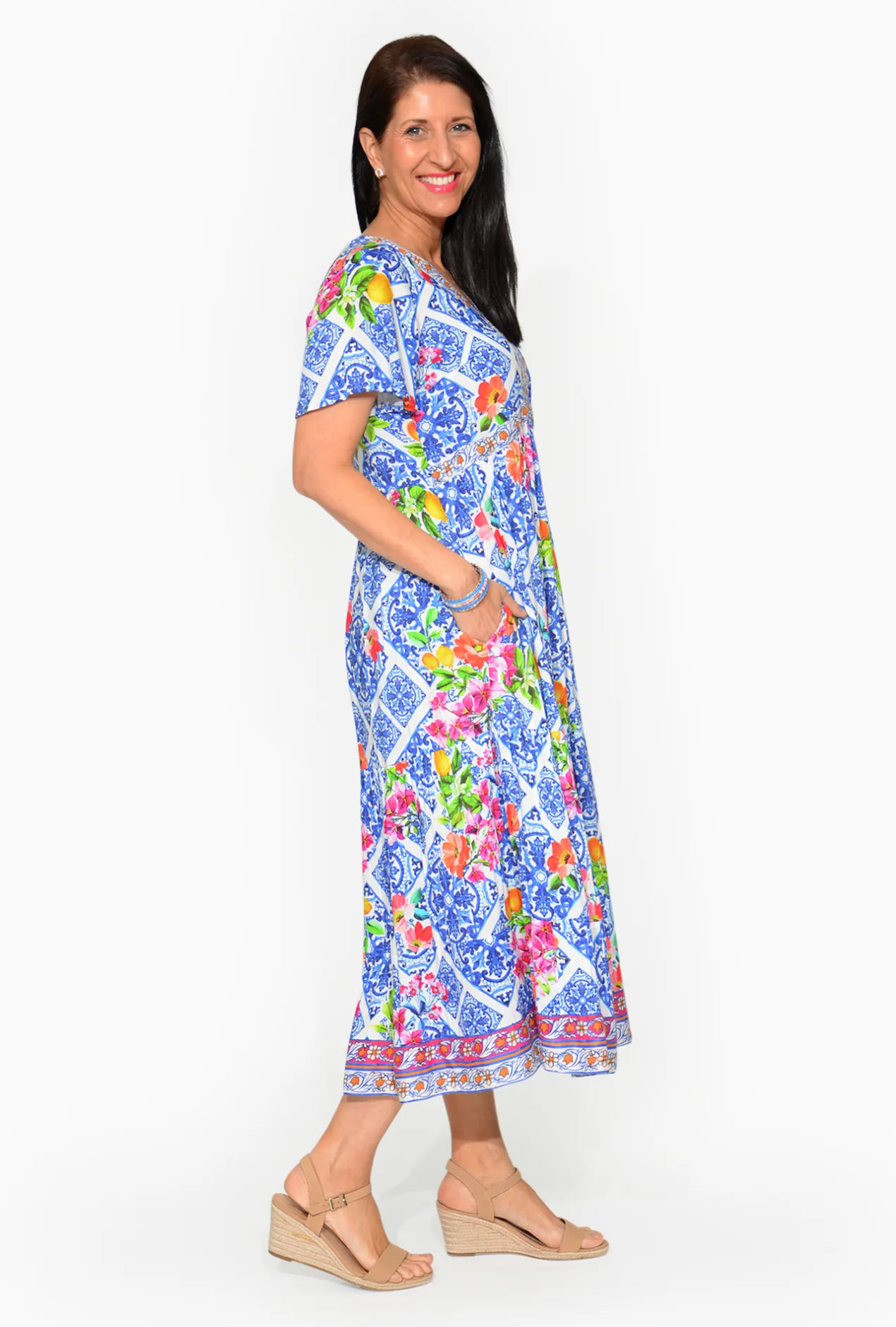 Escape Drew Rayon Short Sleeve Maxi Dress in Blue- Short Sleeved Dresses | Maxi Dresses