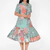 Orientique Edith Cotton Blend Collar Dress in Sage Green Patch- Short Sleeved Dresses | Midi Dresses