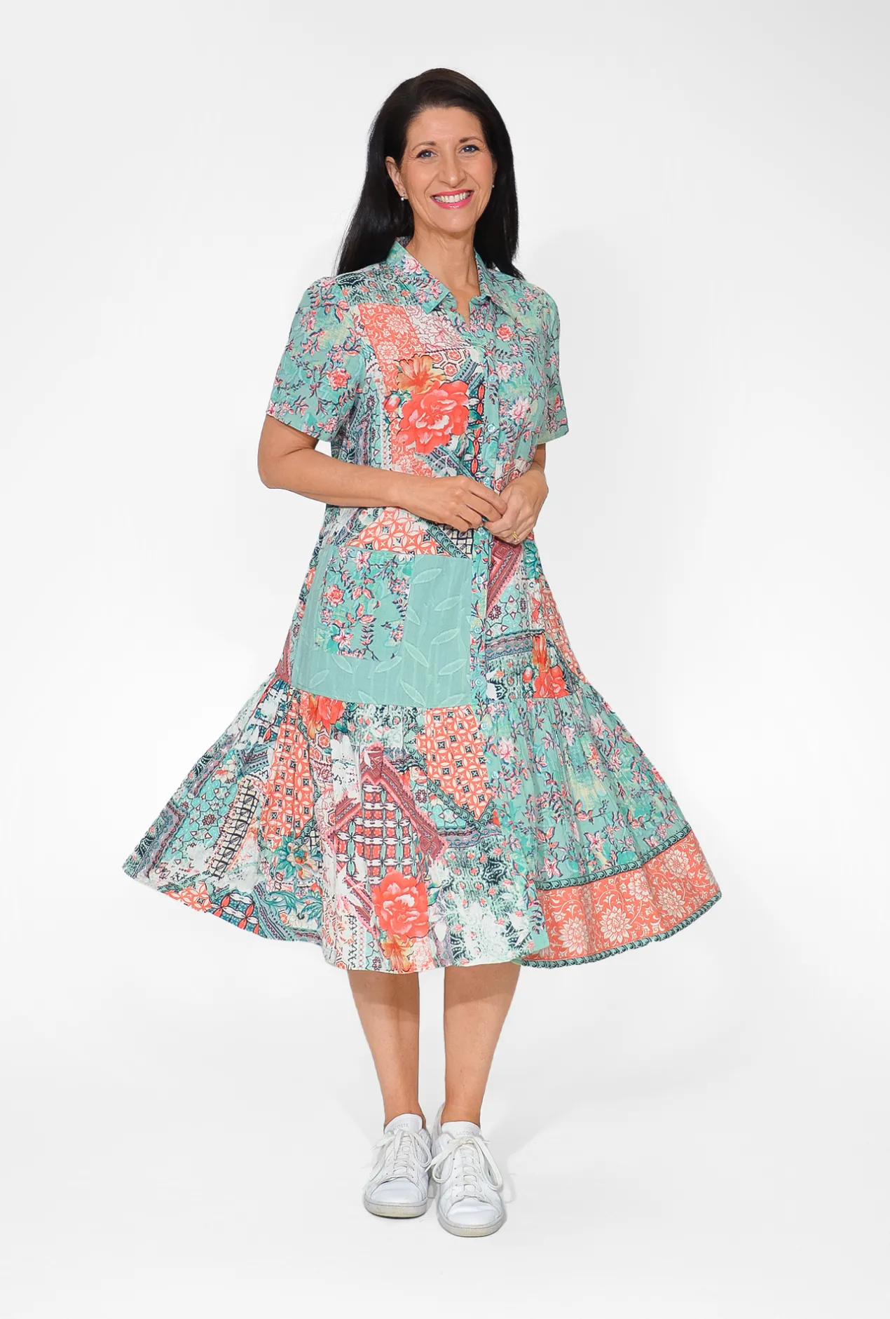 Orientique Edith Cotton Blend Collar Dress in Sage Green Patch- Short Sleeved Dresses | Midi Dresses