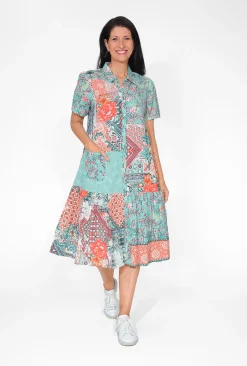 Orientique Edith Cotton Blend Collar Dress in Sage Green Patch- Short Sleeved Dresses | Midi Dresses