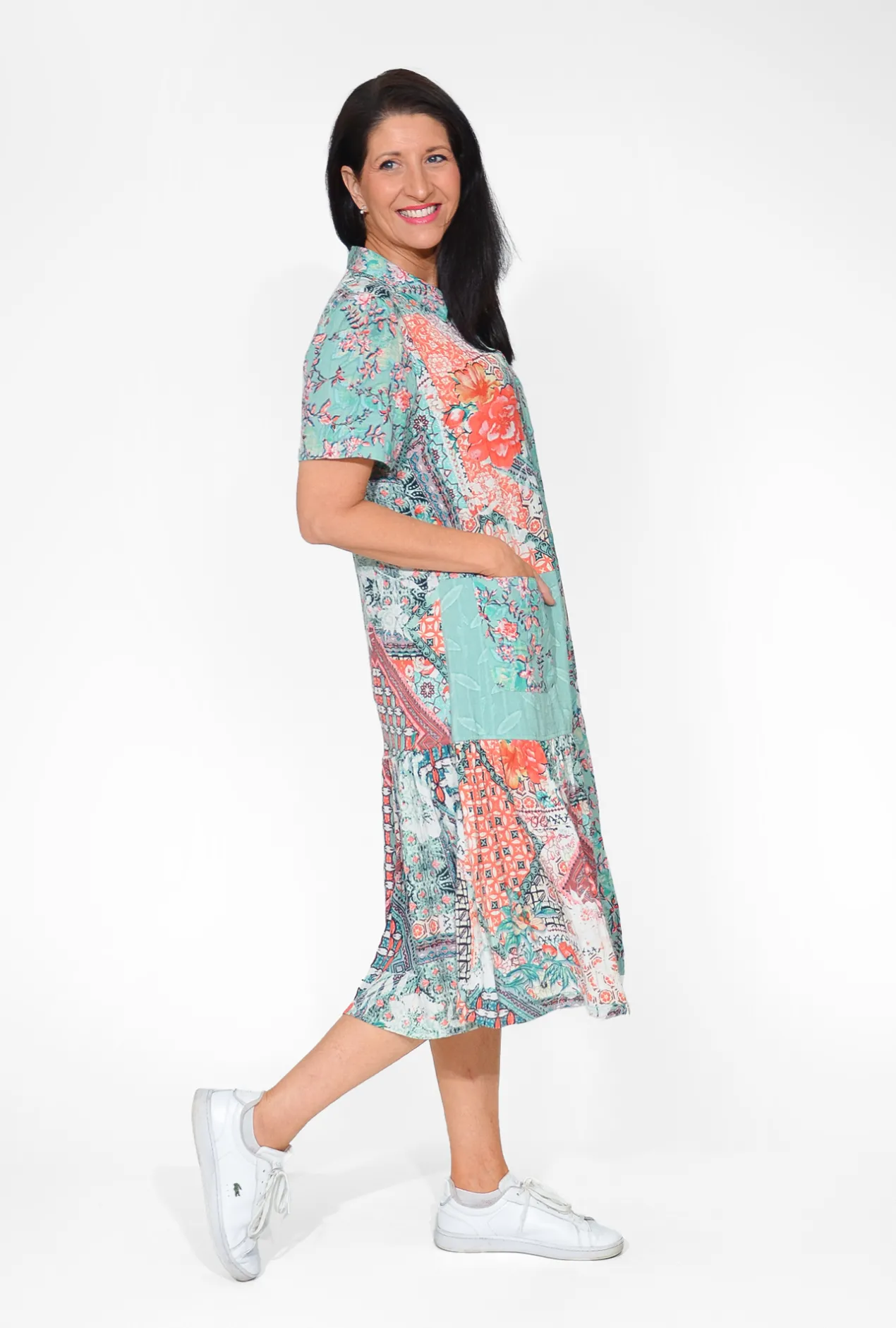 Orientique Edith Cotton Blend Collar Dress in Sage Green Patch- Short Sleeved Dresses | Midi Dresses