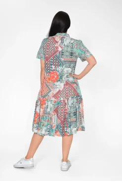 Orientique Edith Cotton Blend Collar Dress in Sage Green Patch- Short Sleeved Dresses | Midi Dresses