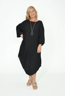 Cali&Co Elianna Long Sleeve Linen Dress in Black- Long Sleeved Dresses | Midi Dresses