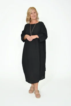 Cali&Co Elianna Long Sleeve Linen Dress in Black- Long Sleeved Dresses | Midi Dresses