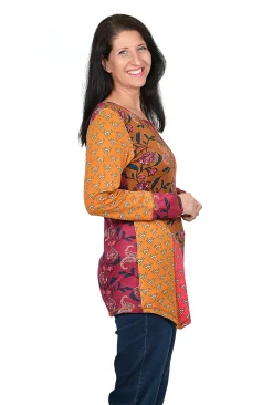 Orientique Ellie Asymmetrical Tunic in Burgundy Mix- Long Sleeved Tops