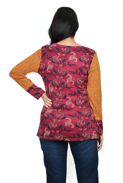 Orientique Ellie Asymmetrical Tunic in Burgundy Mix- Long Sleeved Tops