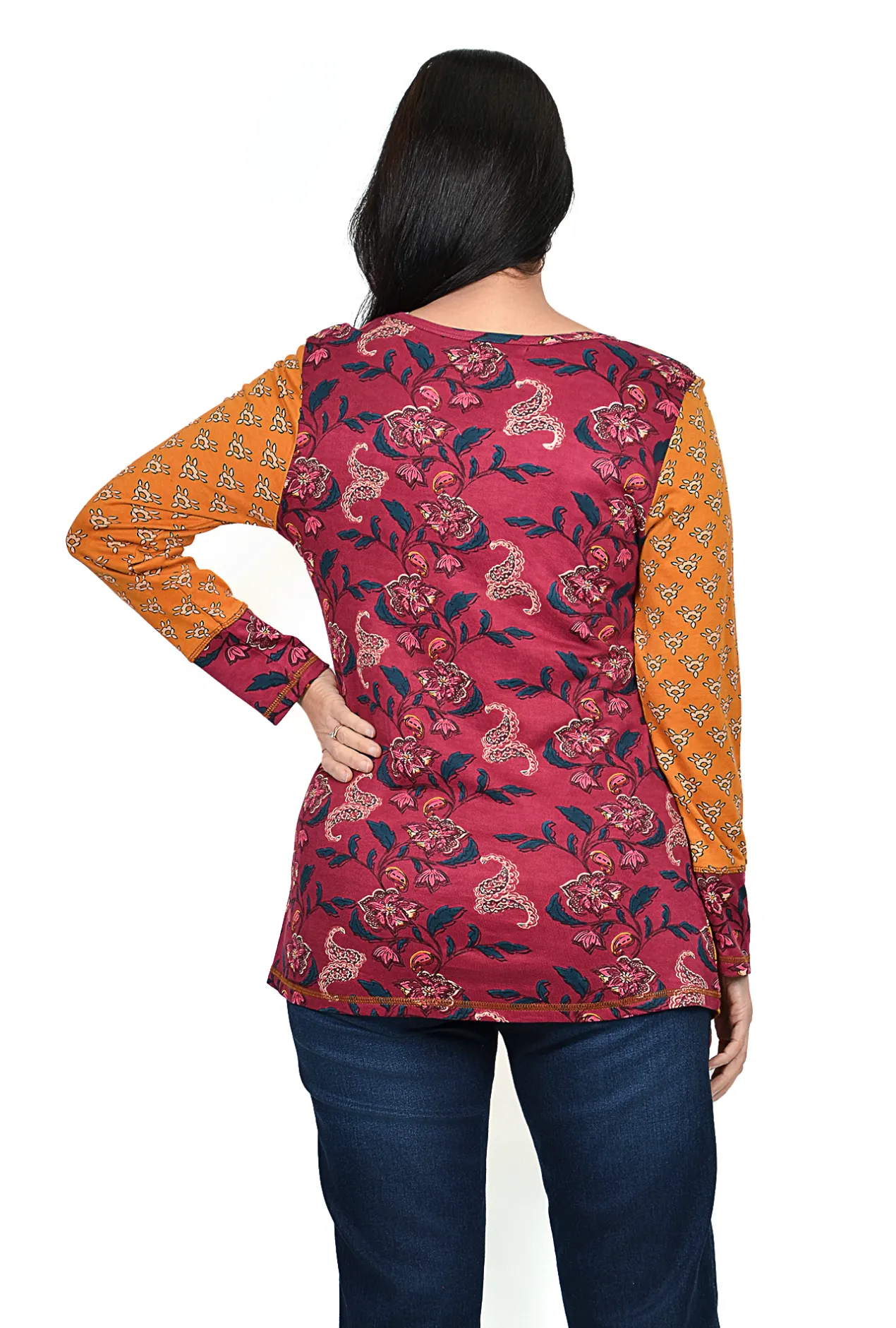 Orientique Ellie Asymmetrical Tunic in Burgundy Mix- Long Sleeved Tops