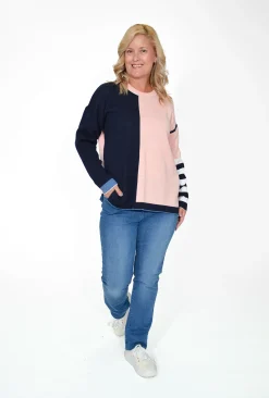 Orientique Erin Stripe Reversible Jumper in Grey Multi- Cotton Tops | Cardigans & Jumpers