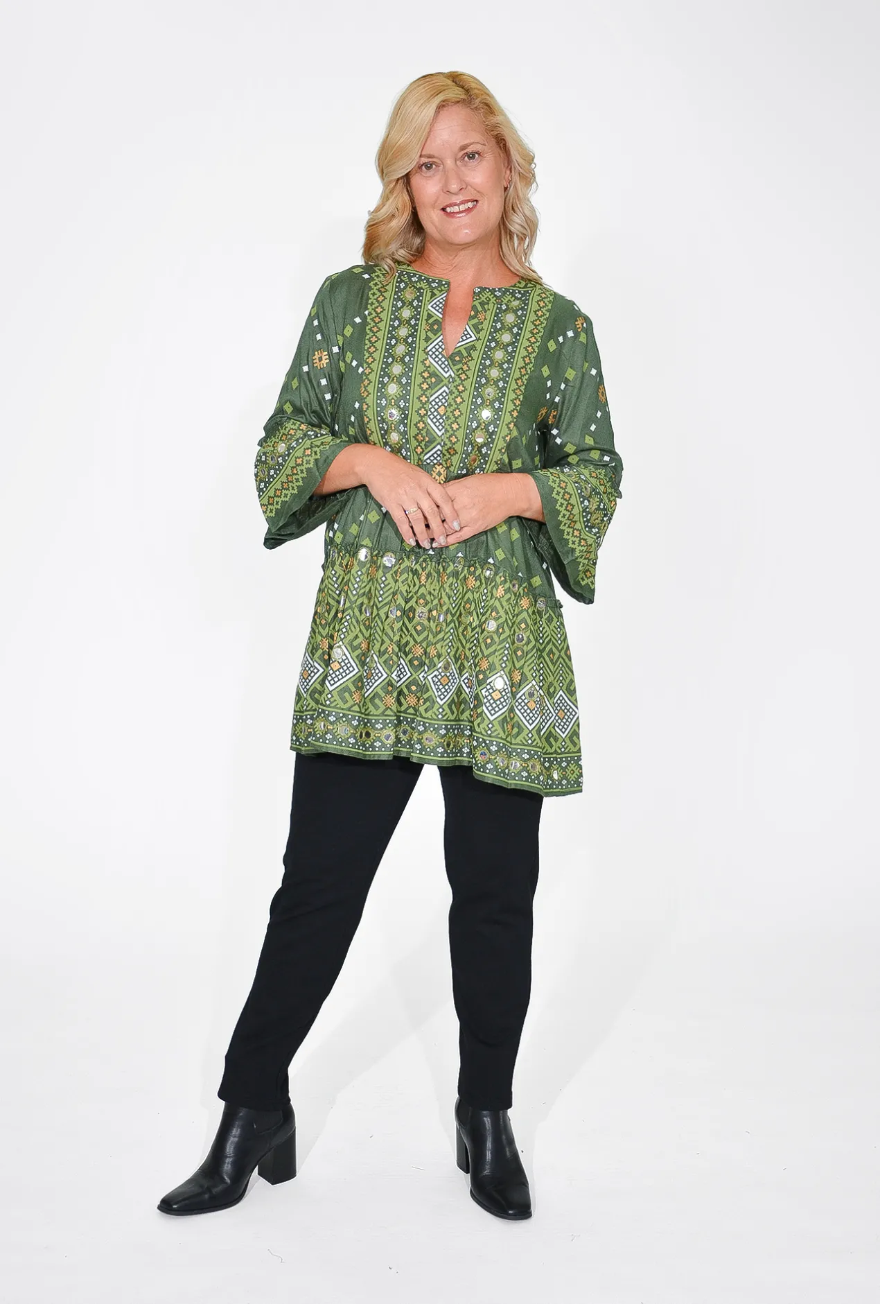 Escape Esme Frill Sleeve Top in Olive Green- 3/4 Sleeve Tops