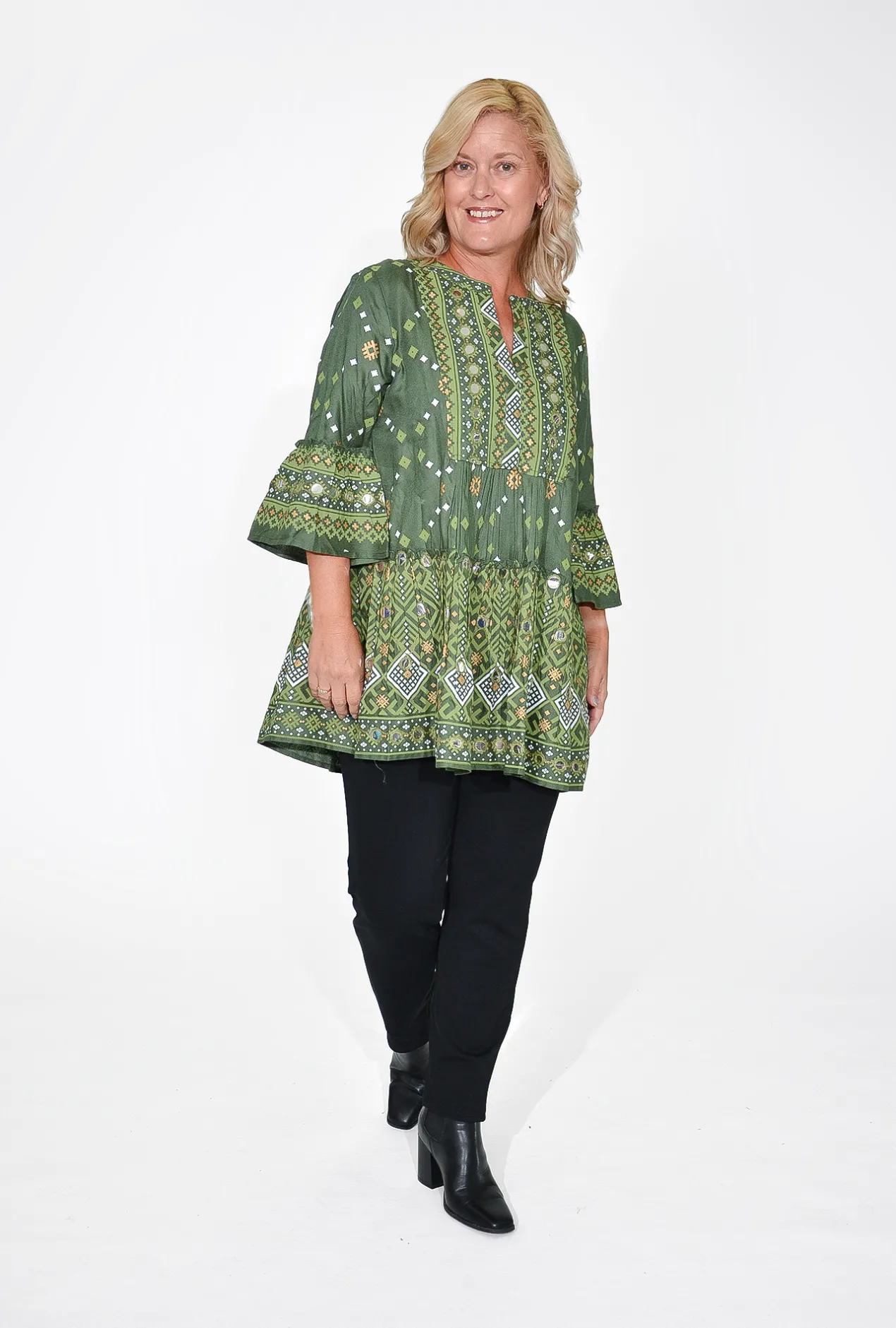 Escape Esme Frill Sleeve Top in Olive Green- 3/4 Sleeve Tops