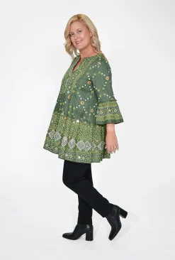 Escape Esme Frill Sleeve Top in Olive Green- 3/4 Sleeve Tops