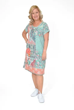 Orientique Este Cotton Blend Short Sleeve Dress in Sage Green- Knee Length Dresses | Above Knee Dresses