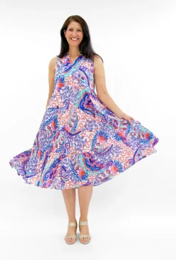 Orientique Farrah Organic Cotton Sleeveless Dress in Paisley Purple- Cotton Dresses | Midi Dresses