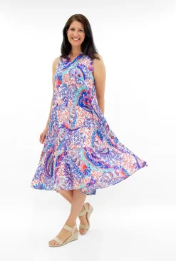 Orientique Farrah Organic Cotton Sleeveless Dress in Paisley Purple- Cotton Dresses | Midi Dresses