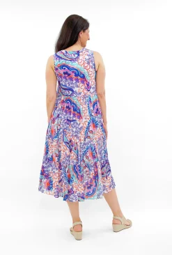 Orientique Farrah Organic Cotton Sleeveless Dress in Paisley Purple- Cotton Dresses | Midi Dresses