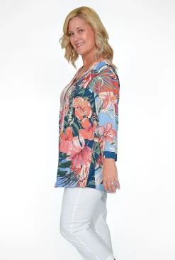 Orientique Felicity Rayon Button Blouse in Blue Tropics- Long Sleeved Tops