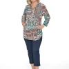 Orientique Felicity Rayon Button Frill Sleeve Top in Red & Green Tropics- Long Sleeved Tops