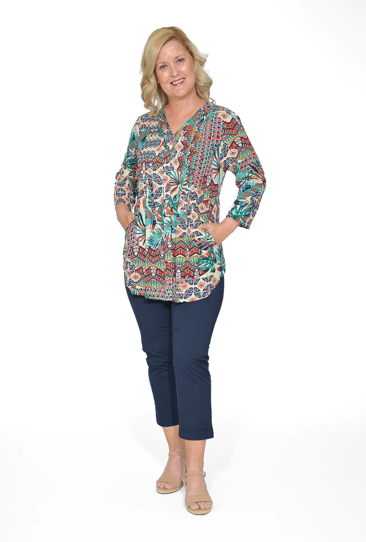 Orientique Felicity Rayon Button Frill Sleeve Top in Red & Green Tropics- Long Sleeved Tops