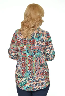 Orientique Felicity Rayon Button Frill Sleeve Top in Red & Green Tropics- Long Sleeved Tops