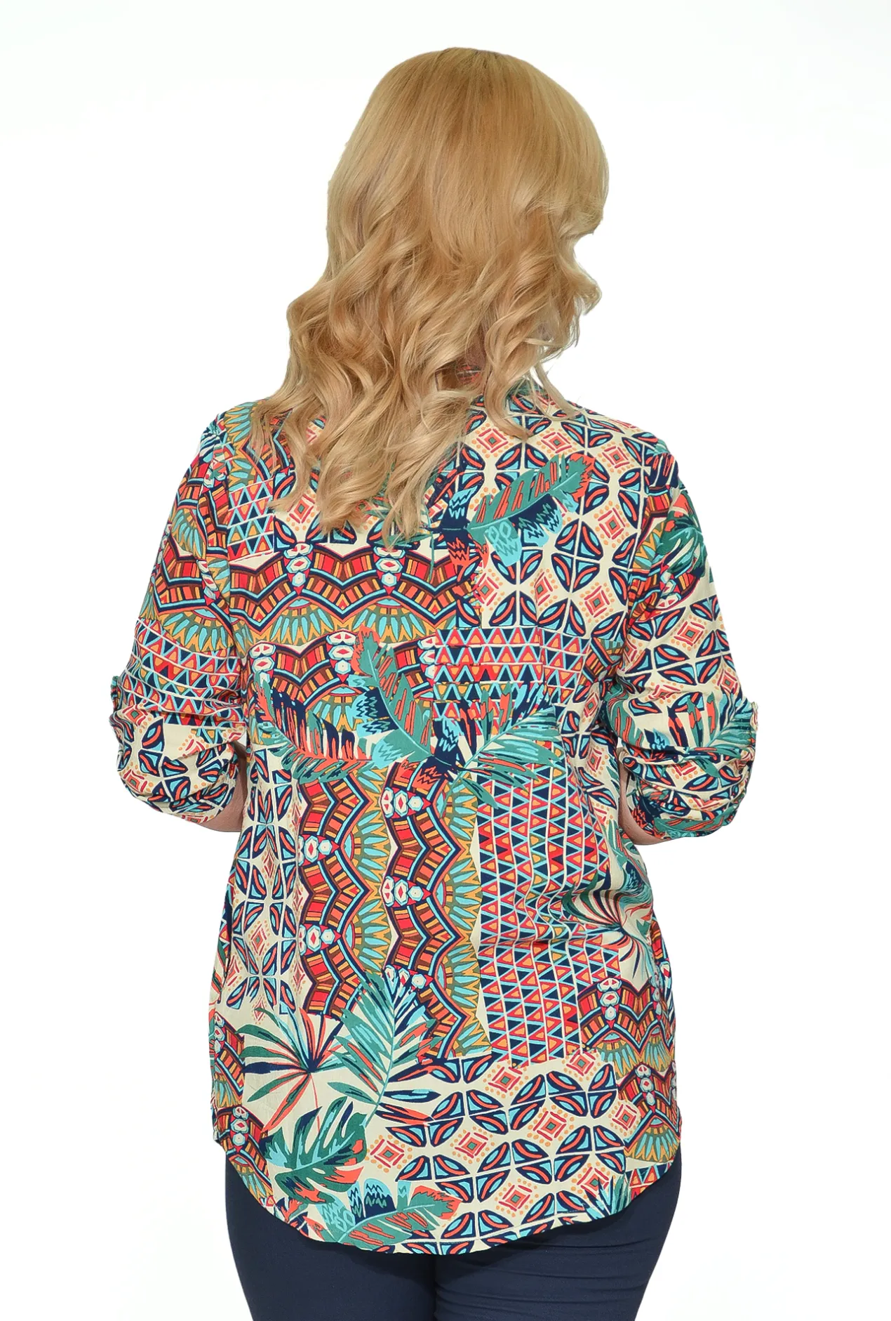 Orientique Felicity Rayon Button Frill Sleeve Top in Red & Green Tropics- Long Sleeved Tops