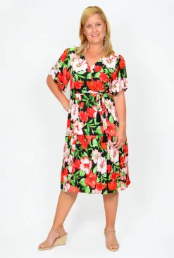 Willow Tree Flamenco Mock Wrap Dress in Black & Red Floral- Knee Length Dresses | Sleeved Dress
