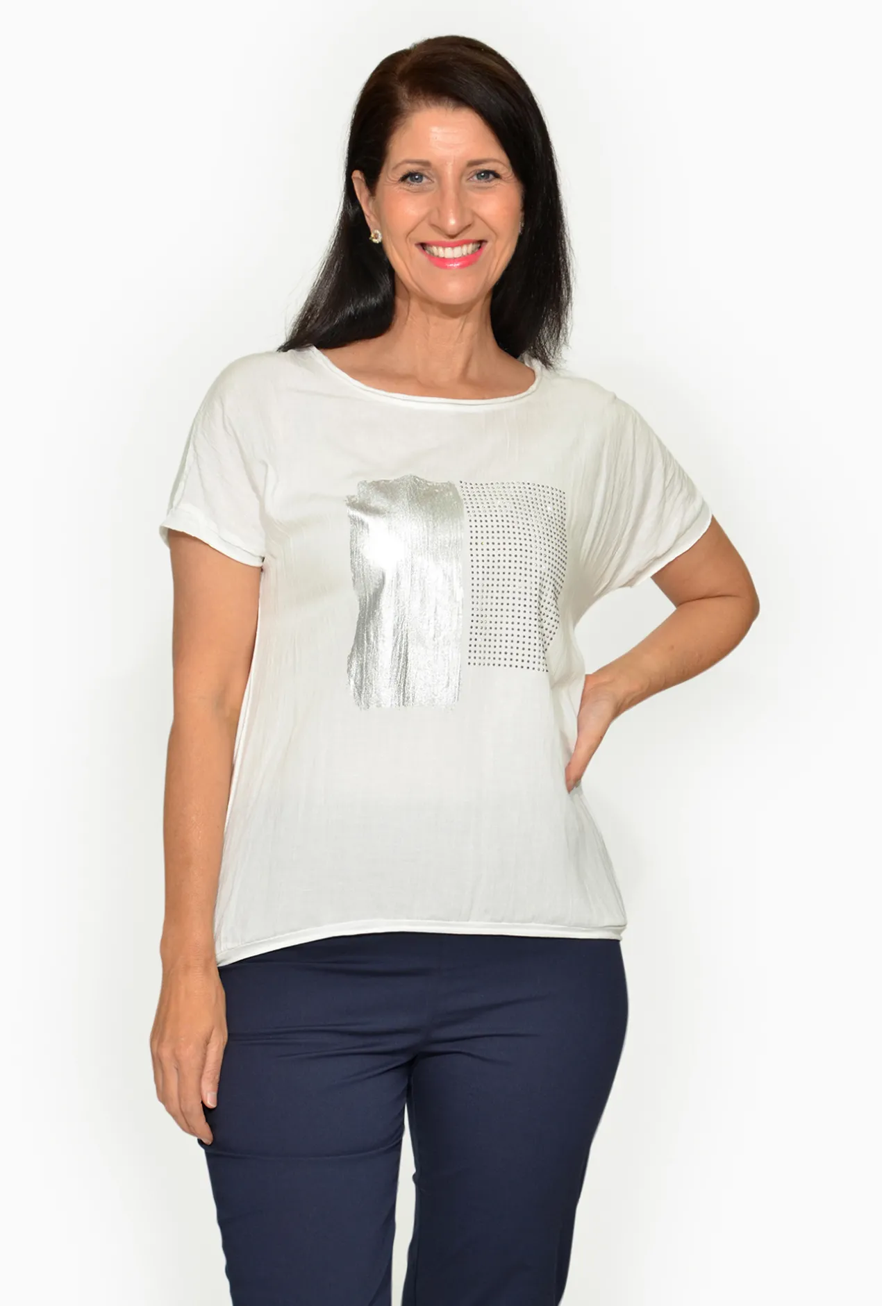 Orientique Freddy Cotton Blend Crew Tee in White- Short Sleeve Tops | Sleeved Dress
