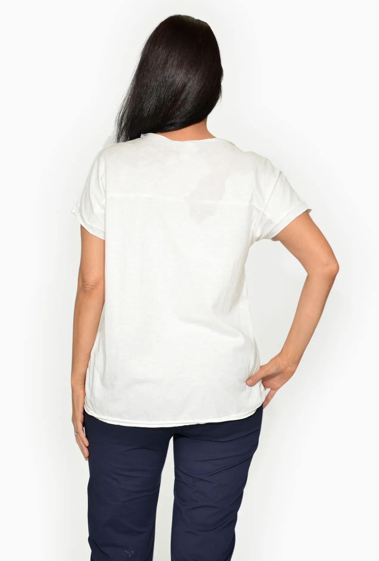 Orientique Freddy Cotton Blend Crew Tee in White- Short Sleeve Tops | Sleeved Dress