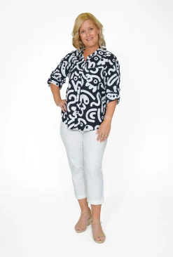 Orientique Gabriella Organic Cotton Shirt in Black & White- Cotton Tops | Organic Cotton Clothing