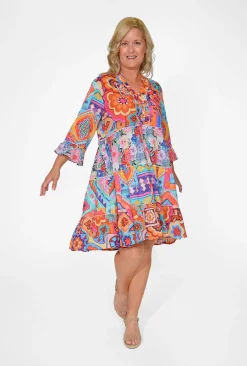 Caroline Morgan Gail Frill Sleeve Dress in Orange- Long Sleeved Dresses | Knee Length Dresses