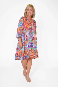 Caroline Morgan Gail Frill Sleeve Dress in Orange- Long Sleeved Dresses | Knee Length Dresses