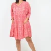 One Summer Genevieve Boho 3/4 Sleeve Cotton Dress in Coral- Knee Length Dresses | Short Sleeved Dresses